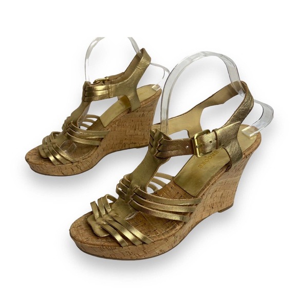 Audrey Brooke Carina Cage Gladiator Wedge High Heel Sz 10M Gold Leather Metallic - Picture 3 of 12